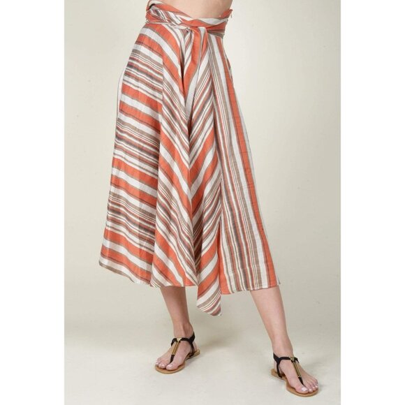 Anthropologie Eva Franco Orange Linen Stripe Full Circle Skirt with Waist Tie - Picture 3 of 3
